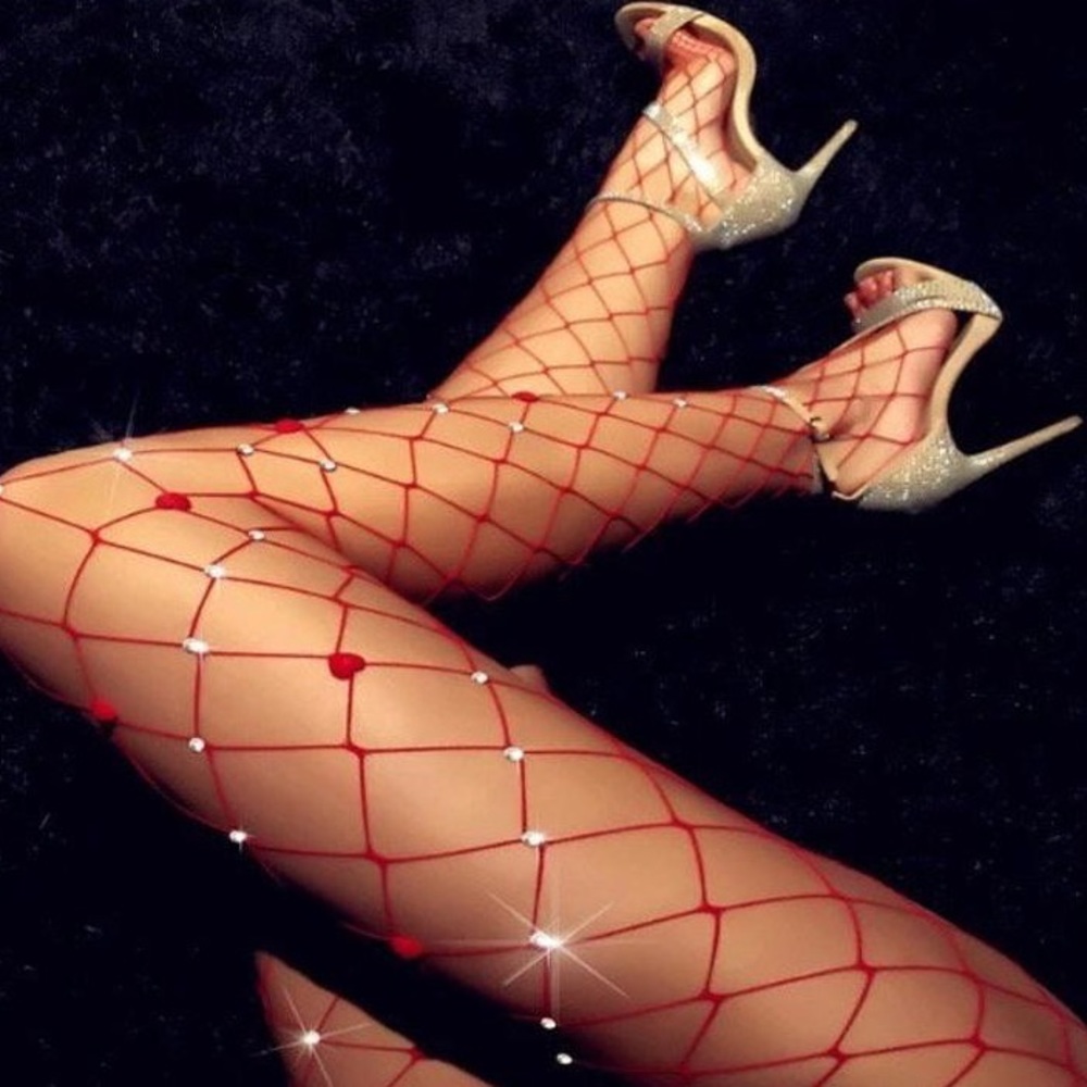 Red Fishnet Tights with hearts and rhinestone!